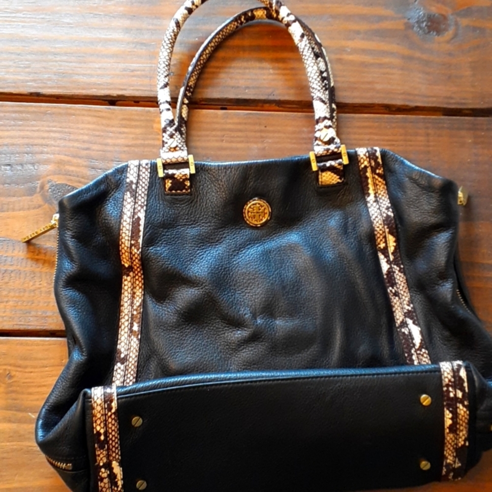 Tory Burch Black Kellan Tote Snake Trim